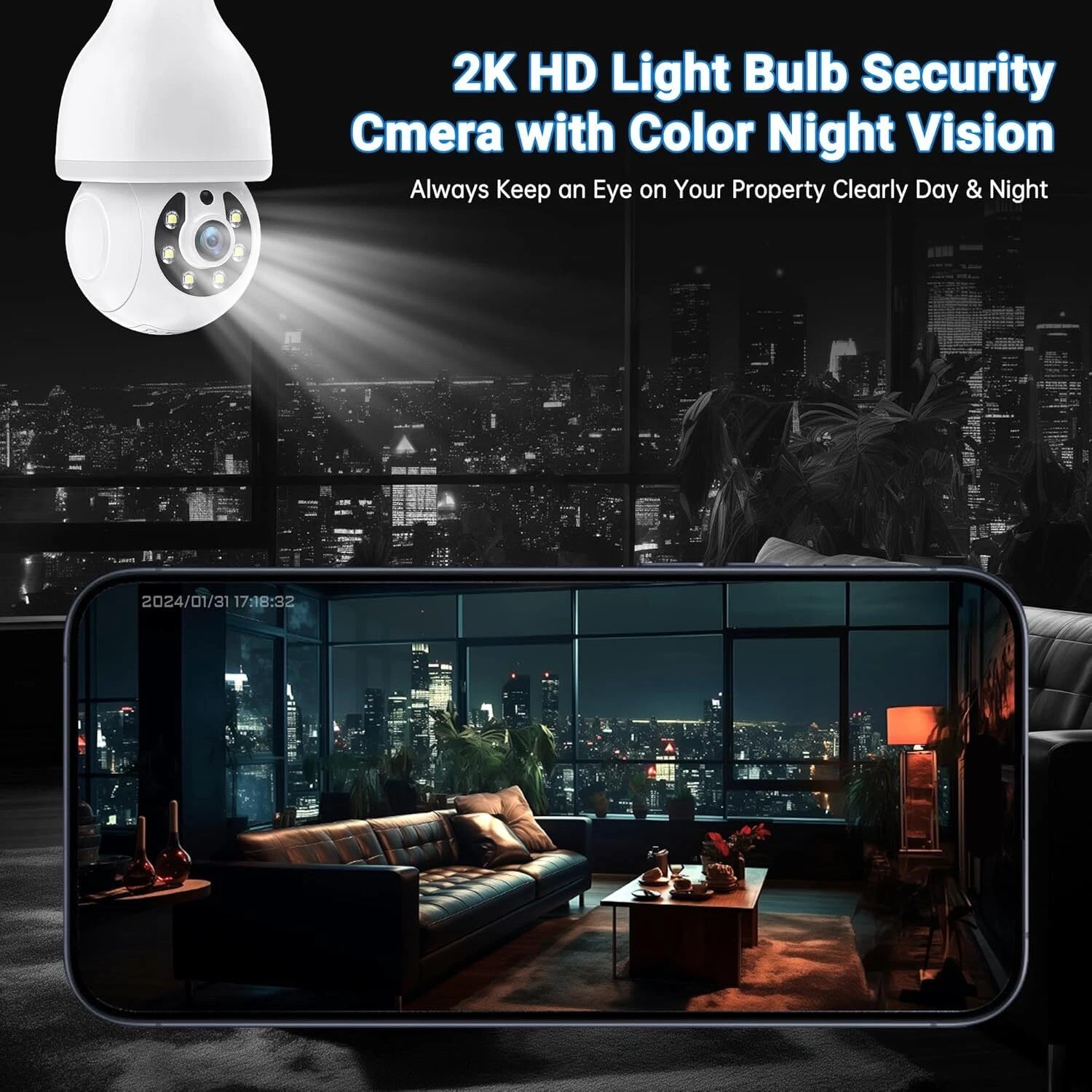 2.4Ghz Light Bulb Security Camera 1080P Security Cameras Wireless Outdoor Indoor 360°Color Night Vision, Motion Detection, Audible Alarm, Two-Way Talk, Easy Installation
