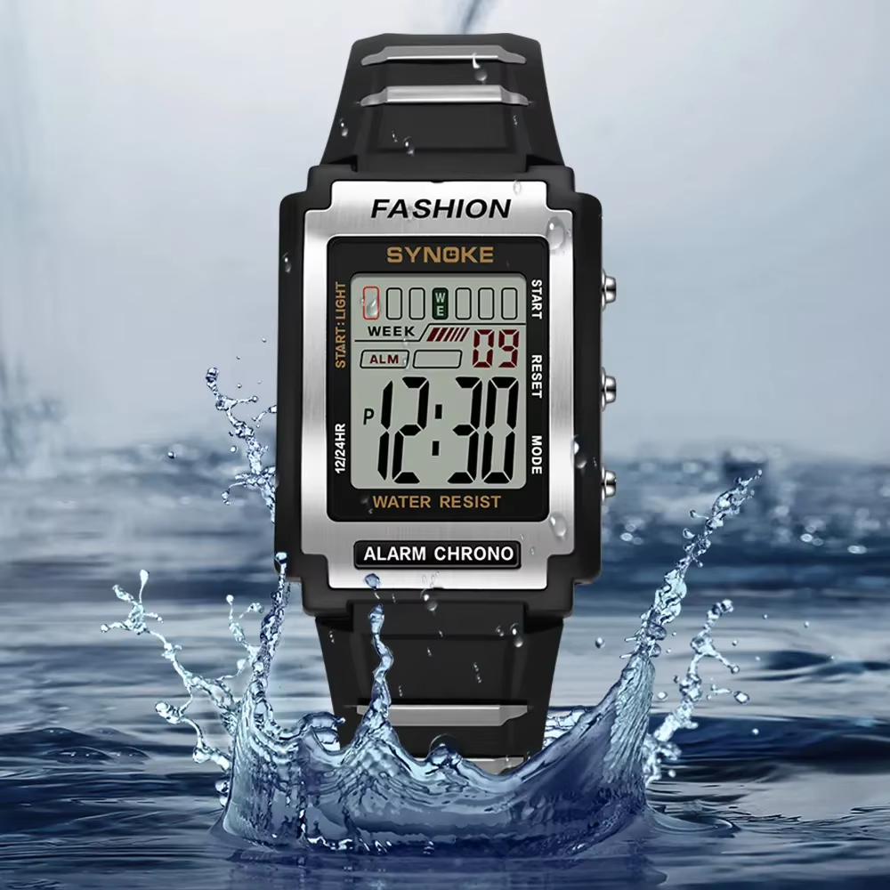 Men Rectangular Sports Electronic Watch Waterproof 50M Night Light Large Screen Alarm Clock Trend Retro Style
